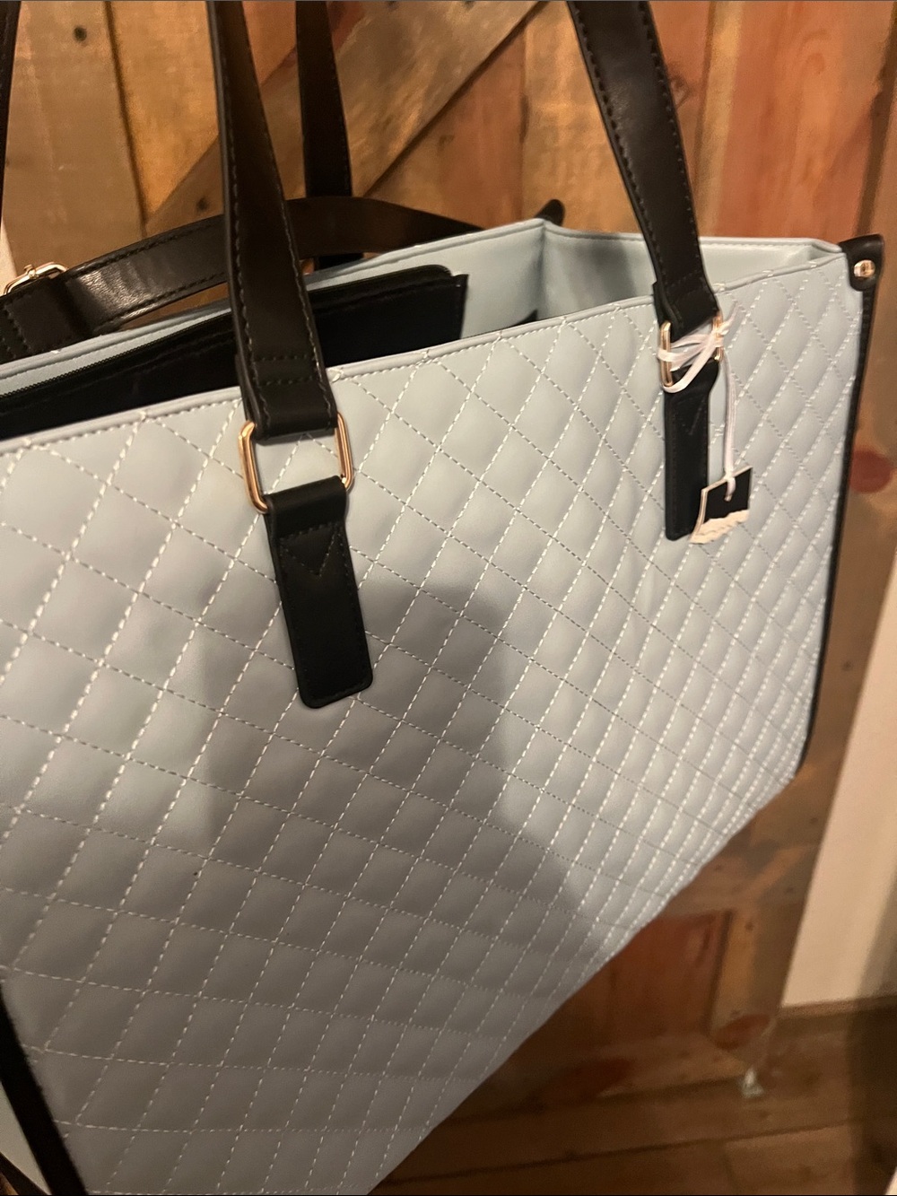Quilted Light Blue Carryall Tote with Black Trim